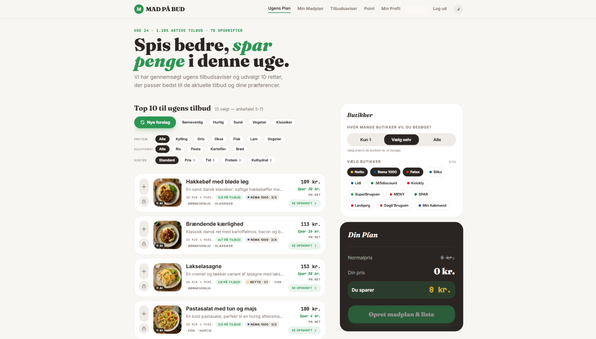 Skærmbillede af Mad på bud: ugens madplan, opskriftsforslag og indkøbsoptimering